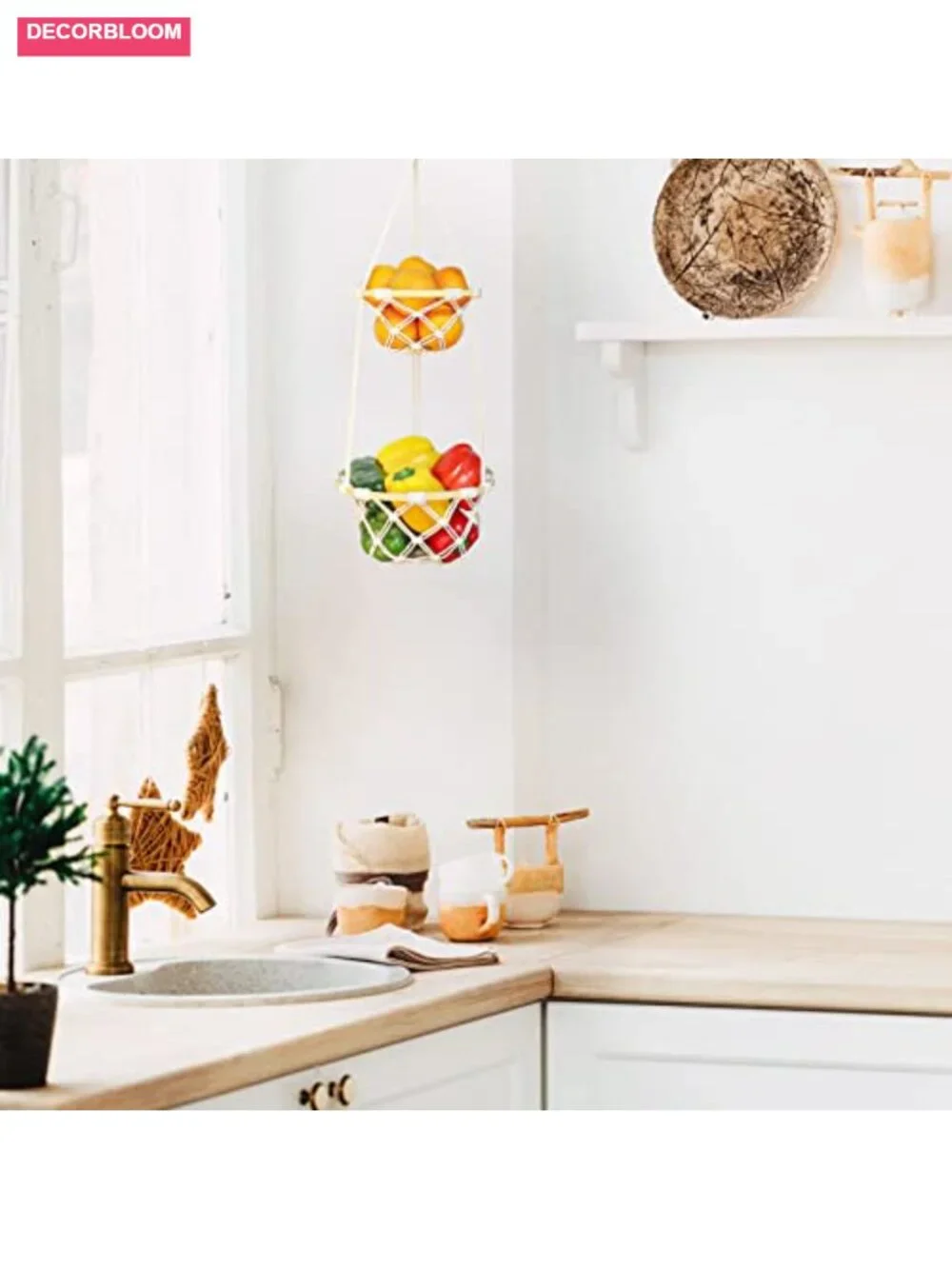 2 Tier Macrame Hanging Fruit Basket Boho Kitchen Storage with Hook